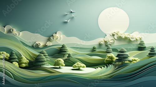 greeting card, green abstract landscape in the style of paper sculpture. photo