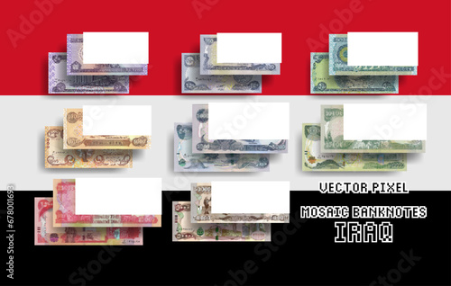 Vector set of pixel mosaic banknotes of Iraq. Collection of bills in denominations of 50, 250, 500, 1000, 5000, 10000, 25000 and 50000 Iraqi dinars. Play money or flyers.