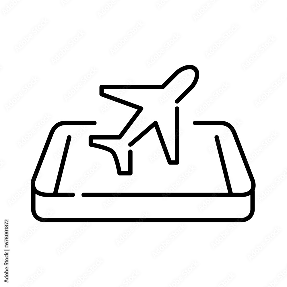 Airways smartphone app. Airplane tickets. 3d phone and plane. Pixel perfect, editable stroke icon Airways smartphone app. Airplane tickets. 3d phone and plane. Pixel perfect, editable stroke icon