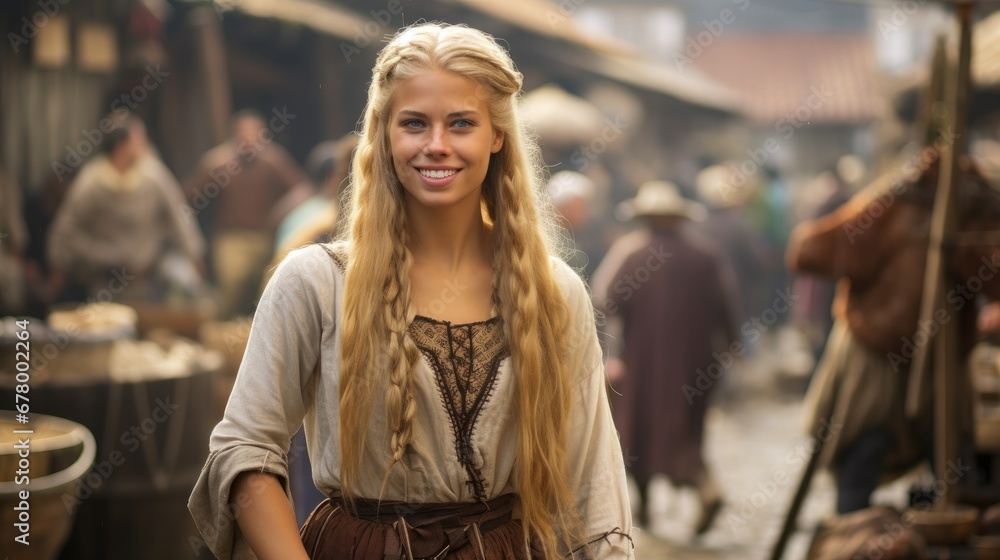 portrait of a blonde viking girl in traditional clothes on a medieval market