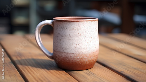A ceramic mug  handmade  product shot on wooden table