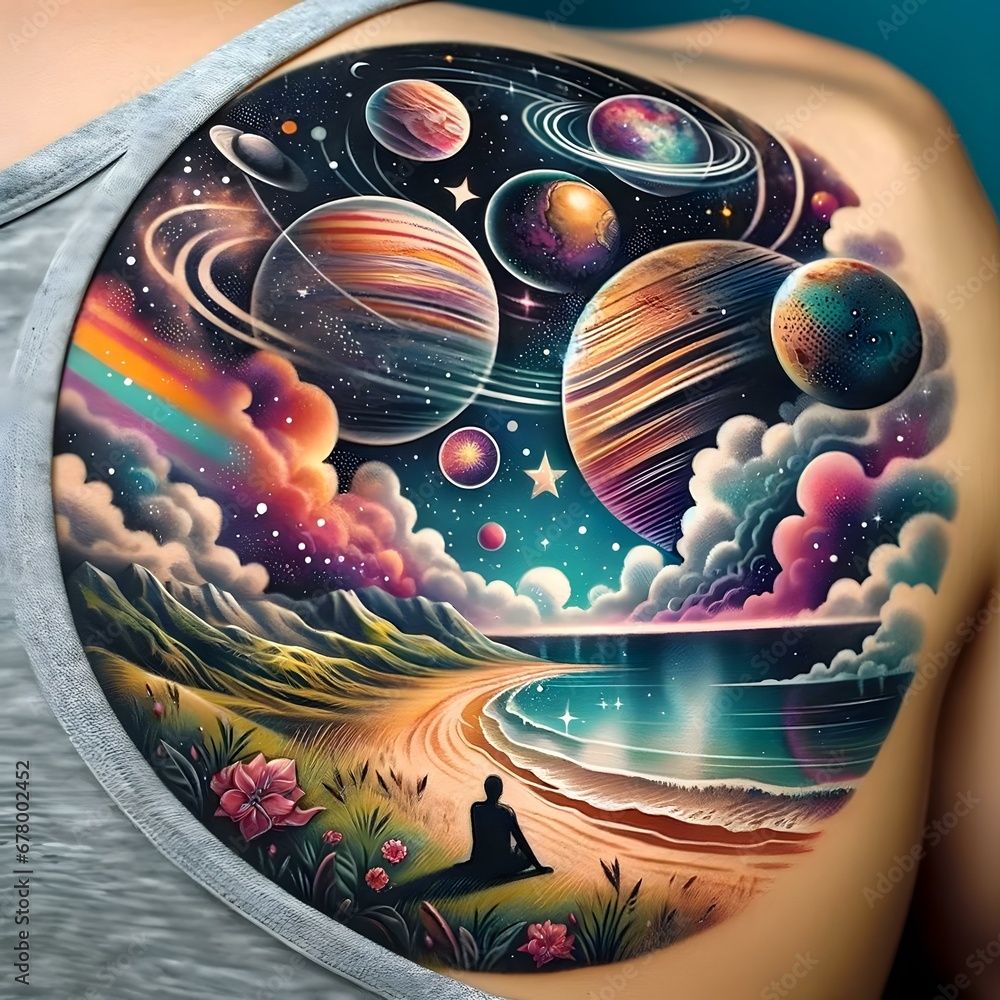 a surreal tattoo design combining elements of space, like planets and stars, with a dreamy landscape