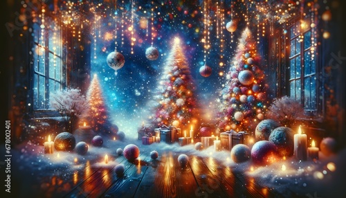Christmas atmosphere background  abstract style  winter scene with snow-covered trees  holiday lights  serene  colorful  festive mood