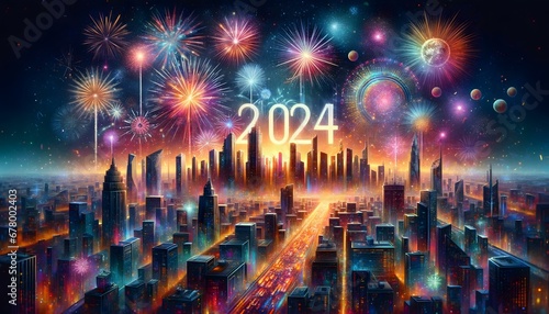 New Year 2024 celebration background, abstract art, cityscape with fireworks, vibrant colors, festive mood, modern style
