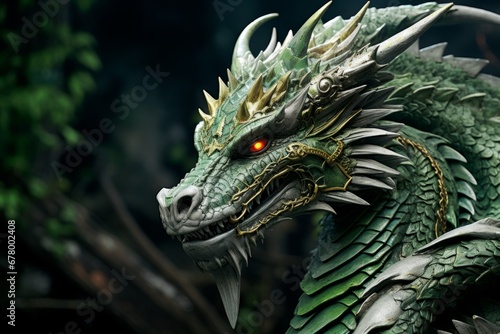 Close-up portrait of a green dragon's head, sharp teeth, muzzle with scales and spikes. Illustration for a computer game © Anastasiya