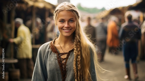 portrait of a blonde viking girl in traditional clothes on a medieval market © Salander Studio