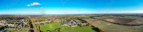 Most Beautiful High Angle Panoramic view of British Countryside Landscape of Letchworth Garden City of England UK. Image Captured on November 11th, 2023 with Drone's camera
