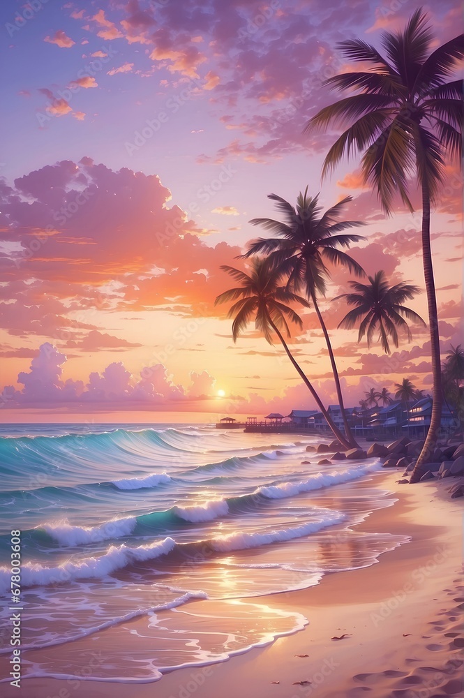 A tropical beach with palm trees and waves crashing on the shore at sunset. The waves crash on the shore, and the sun sets over the horizon. The sky is a beautiful shade of orange, and the waves crash