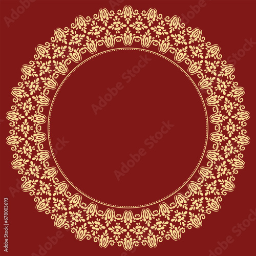 Oriental vector round red and golden frame with arabesques and floral elements. Floral border with vintage pattern