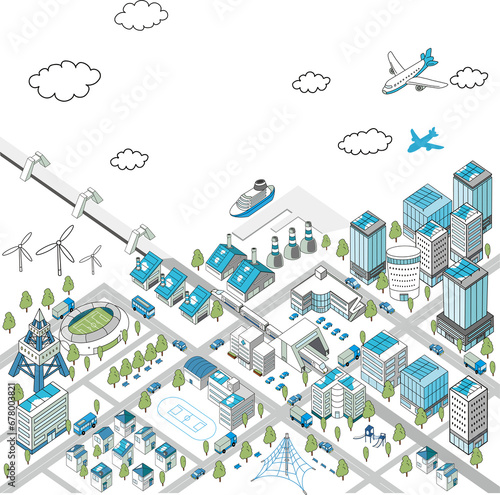 海沿いの街並みの俯瞰イラスト