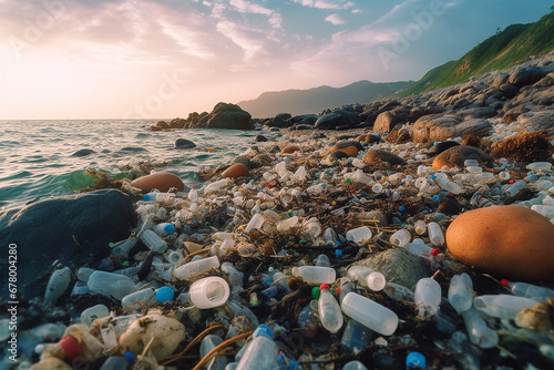 plastic pollution of the ocean underwater photo.  AI photo
