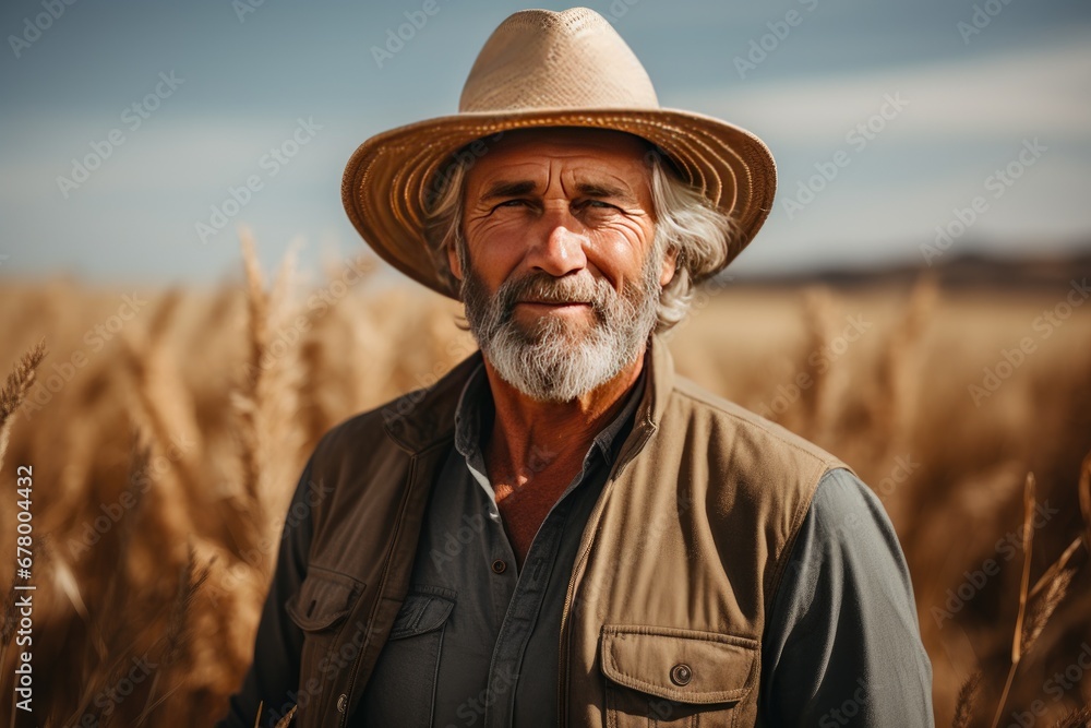 Male farmer standing wearing hat with folded arms in wheat field Male farmer standing wearing hat with folded arms in wheat field
