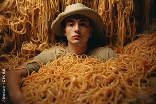 A meme template. Noodles. A young guy wearing a hat emerging from the noodles. Coming to the surface from spaghetti. Lie. Meme. Irony. Loser. When someone lies right to your face. Metaphor. Pasta