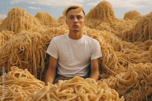 A surreal image of a young man with serious face expression sitting in the bunch of noodles. A heap of spaghetti. Noodles field. Surrealism. Meme. Lie. Deceit. TV audience. Pulling your leg