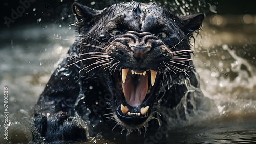 black panther runs in splashing water dynamic scene.