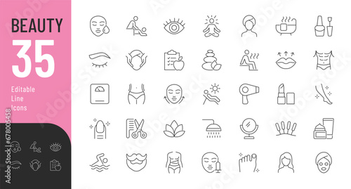 Beauty Line Editable Icons set. Vector illustration in thin line modern style of body care related icons: cosmetic procedures for face and body, diet, cosmetics, and more. photo