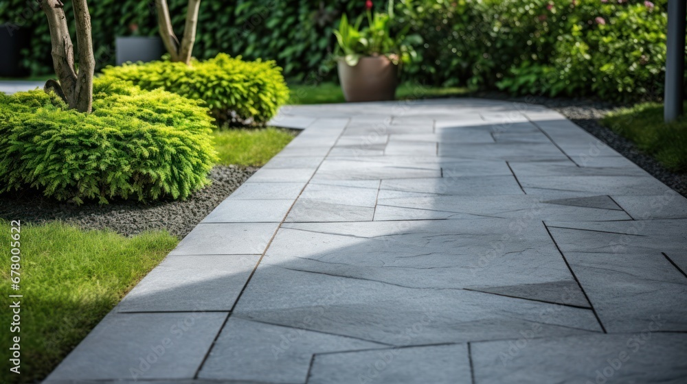 Garden landscape design with pathway intersecting bright green lawns and shrubs white sheet walkway in the garden. Landscape design with colorful shrubs. grass with bricks pathways. lawn care service. Garden landscape design with pathway intersecting bright green lawns and shrubs white sheet walkway in the garden. Landscape design with colorful shrubs. grass with bricks pathways. lawn care service.