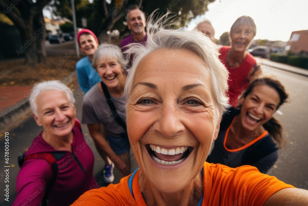 Head shot portrait close up of group old seniors taking a selfie together in the mountain forest looking at the camera smiling having fun enjoying. Two mature people hiking. Head shot portrait close up of group old seniors taking a selfie together in the mountain forest looking at the camera smiling having fun enjoying. Two mature people hiking.