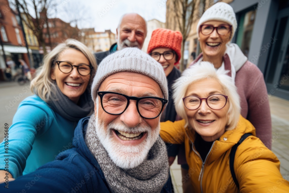 Head shot portrait close up of group old seniors taking a selfie together in the mountain forest looking at the camera smiling having fun enjoying. Two mature people hiking. Head shot portrait close up of group old seniors taking a selfie together in the mountain forest looking at the camera smiling having fun enjoying. Two mature people hiking.