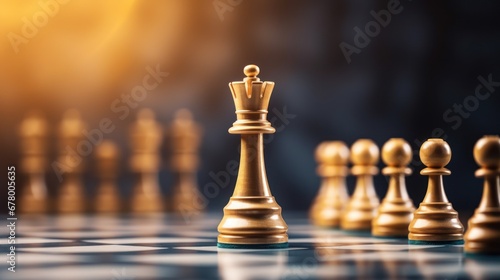 Gold king in chess game surrond with the another gold team. (Concept for company strategy, business crisis or decision) photo