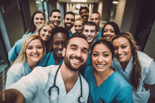 Selfie, portrait and hospital doctors, happy people or surgeon team smile on healthcare, medical photo or health services. Teamwork support, memory picture or group face of diversity medicare nurses