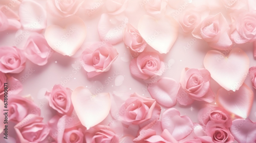 Obraz premium Heart shaped frame with roses and flower petals as background. There is a space for inserting Valentine's Day letters.