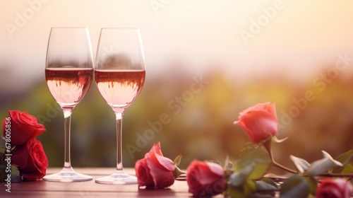 Two elegant wine glasses and rose heart background valentine's day holiday background photo