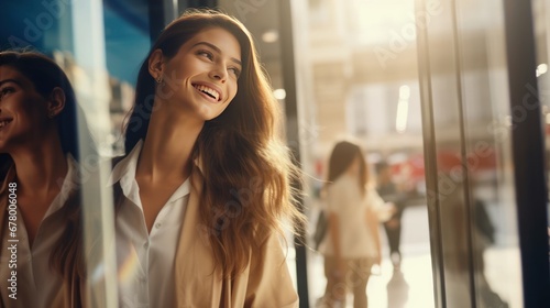 Close-up of a shopping woman showing a happy expression. Female shopper enjoying outdoor shopping, beautiful women's shopping at weekend in city center