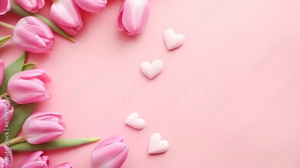 pink tulips Heart on pastel pink background with free space. Flat lay. Valentine's day. pink tulips Heart on pastel pink background with free space. Flat lay. Valentine's day.