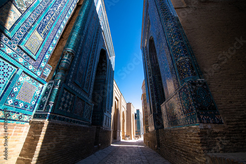 Beautiful Historical cemetery of Shahi Zinda entry with finely decorated mosaic photo