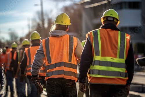 Rear view of a group of construction workers wearing safety vests and safety helmets ready to start work