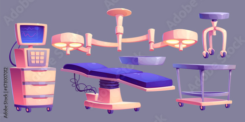 Surgery equipment set isolated on background. Vector cartoon illustration of medical tools for operating theater design, patient bed, lamp, surgeon stool, drawer, life support system monitor, drawer
