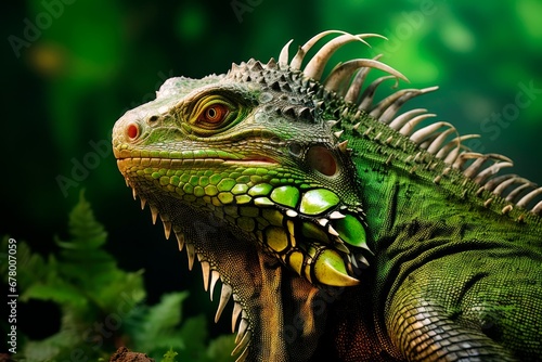 Portrait of a green iguana in profile against the background of a tropical forest. Exotic iguana.