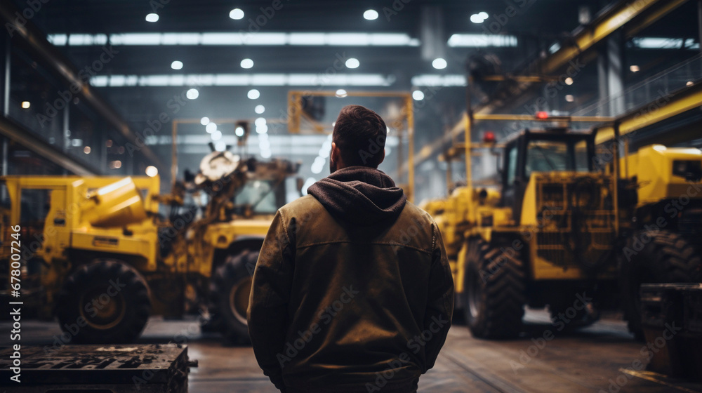 Construction Focus: Worker in Safety Gear Examining Heavy Machinery, Generative AI