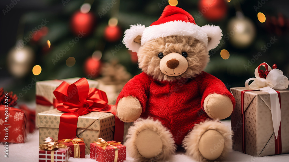 Cute Teddy Bear in Christmas Costume with Presents Cute Teddy Bear in Christmas Costume with Presents