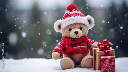 Cute Teddy Bear in Christmas Costume with Presents