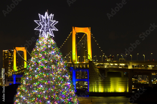 Christmas tree and Rainbow bridge , Japan,Tokyo,Minato December 2013 photo