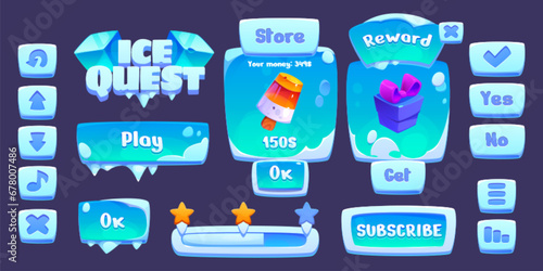 Ice quest game ui buttons set isolated on background. Vector cartoon illustration of blue frozen snow frames of square, rectangle shape, score progress bar, player arrows, reward store, gift box icons
