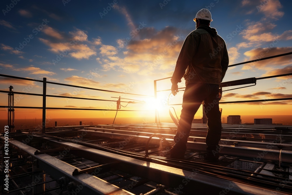 Rear view of a technician on a high steel platform at sunrise Rear view of a technician on a high steel platform at sunrise