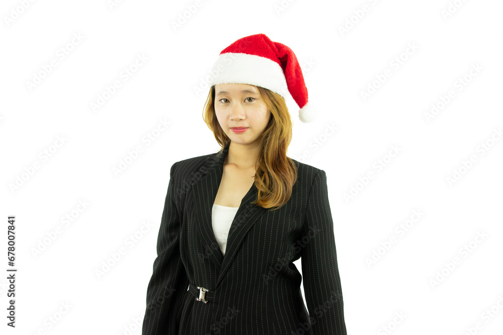 portrait of asian business woman wearing a santa hat isolated on white background, christmas concept. portrait of asian business woman wearing a santa hat isolated on white background, christmas concept.