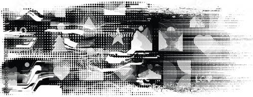 Glitch distorted grange shape . Noise grungy logo . Trendy defect error shapes . Glitched frame .Grunge textured . Distressed effect .Vector shapes with a halftone dots screen print texture.
