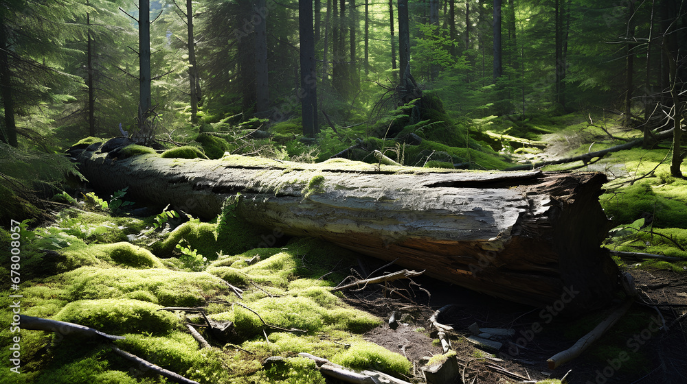Obraz premium A fallen tree lies on the ground in woods