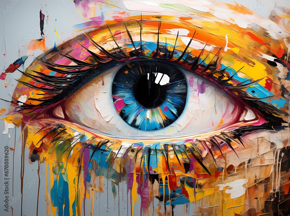Abstract art of a detailed eye with a colorful iris and dynamic splashes of paint, symbolizing vision and creativity.
