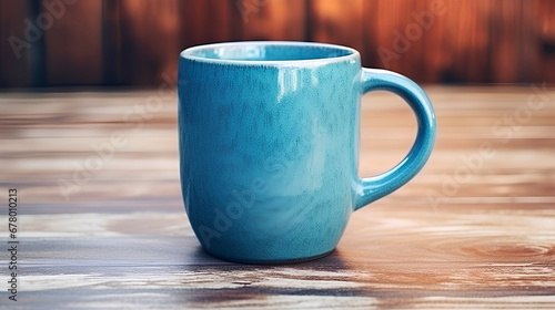 a blue ceramic cup of coffee on a wooden table