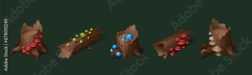 Cartoon tree stump and log with moss and fantasy bright glowing mushrooms for game ui. Vector illustration set of brown wood trunks with sprout, fungus on bark for forest gui design.