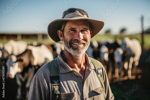 Male farmer smiling on cattle farm under hot sunlight photo