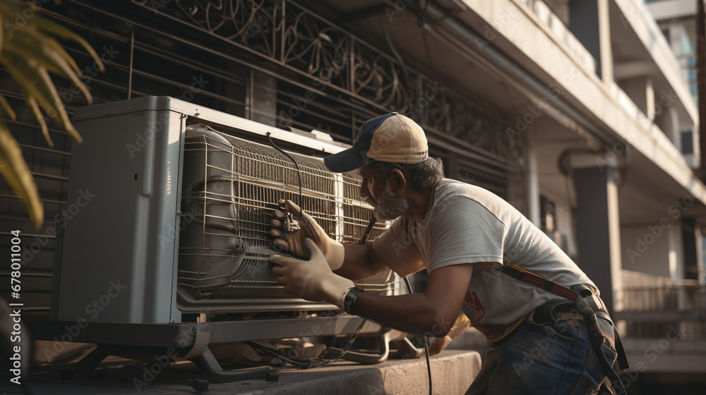 HVAC Repair Response: Repairman at Work on Cooling Unit, Generative AI