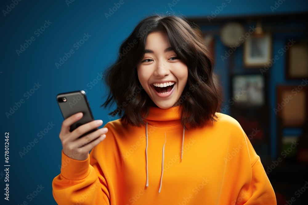 happy asian woman with smartphone face excited happy asian woman with smartphone face excited
