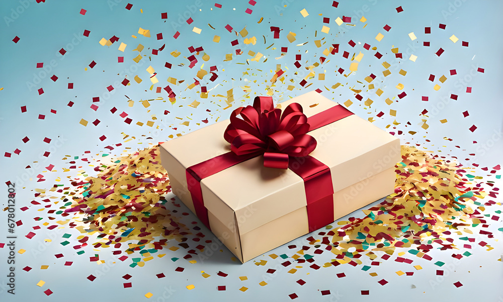 Gift box with ribbon on the colorful confetti background. Black Friday discounts and Christmas concept Gift box with ribbon on the colorful confetti background. Black Friday discounts and Christmas concept