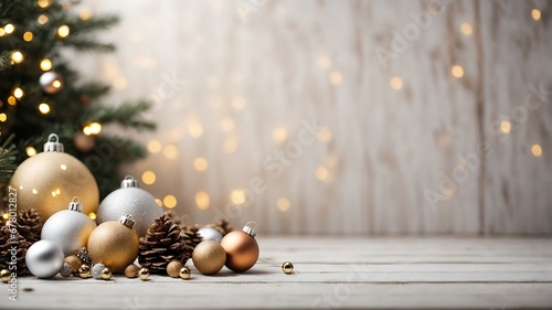 Christmas and New Year background-pine cones and Christmas balls on a rustic wood background